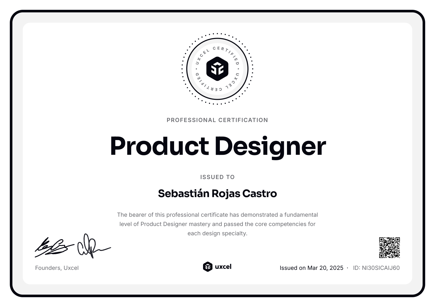 Sebastián Rojas Castro's certificate
